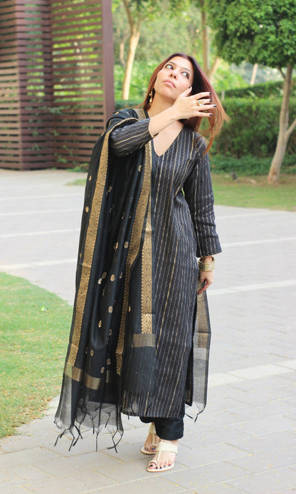 Banarasi Black & Gold Zari Kurta & Dupatta with Plain Pants - Baareeki