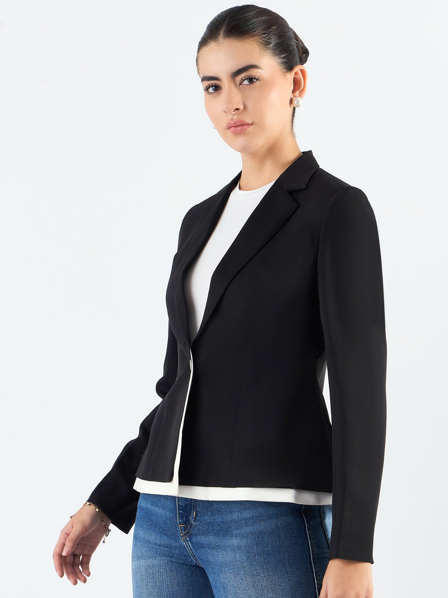 Black And White Layered Structured Blazer in Stretchable Fabric