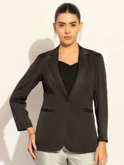 Loose-Fit Elegant Blazer With Notched Lapel In Soft Satin Fabric