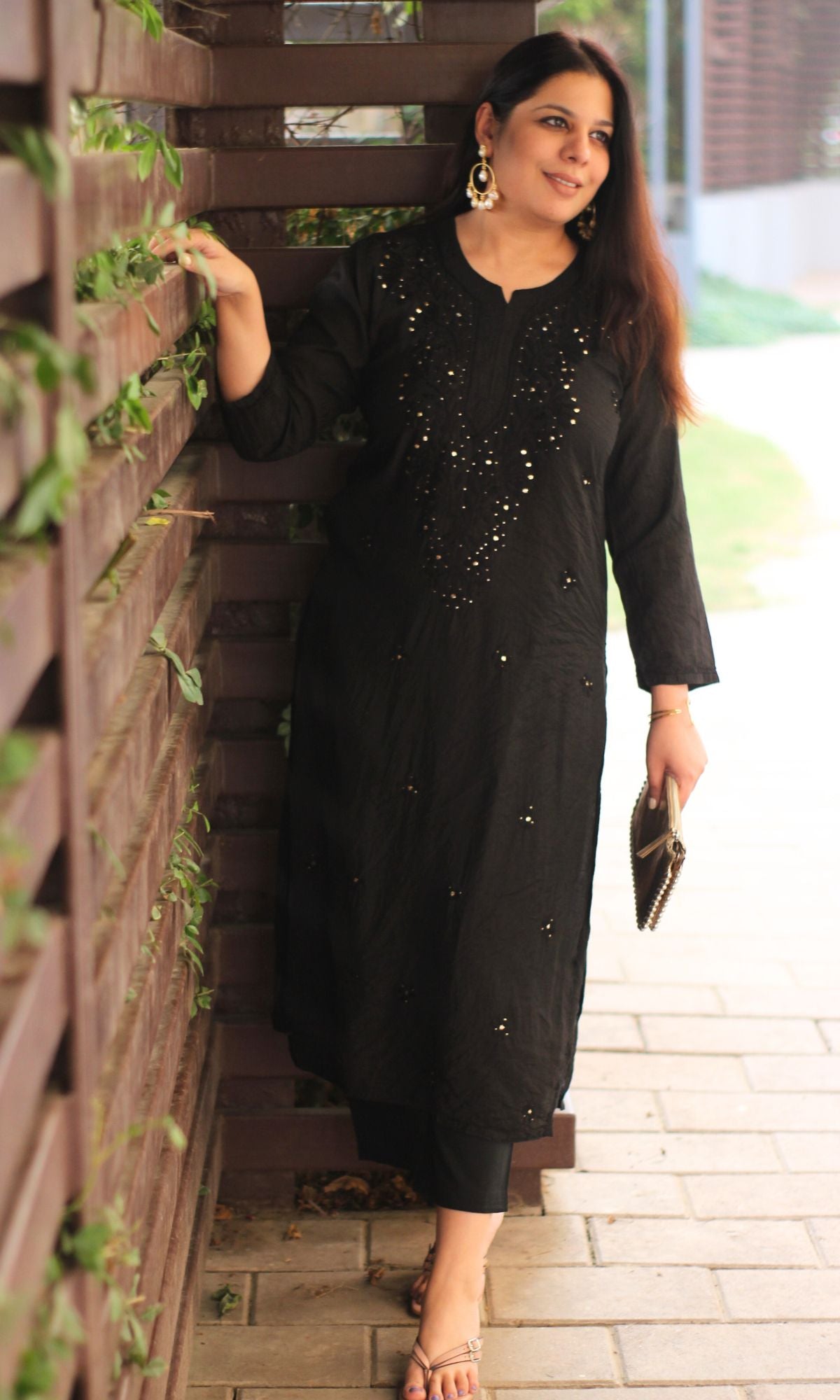 Black Chanderi Silk Chikankari with Mukesh Handwork Straight Kurta - Baareeki