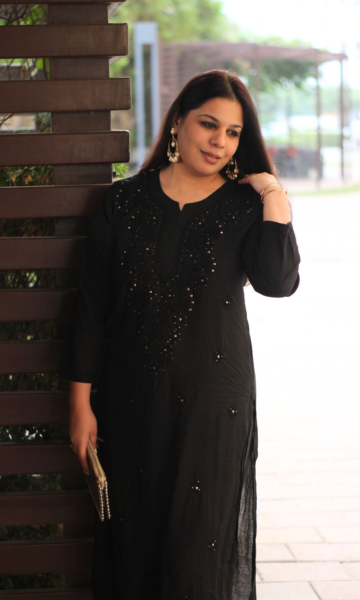 Black Chanderi Silk Chikankari with Mukesh Handwork Straight Kurta - Baareeki