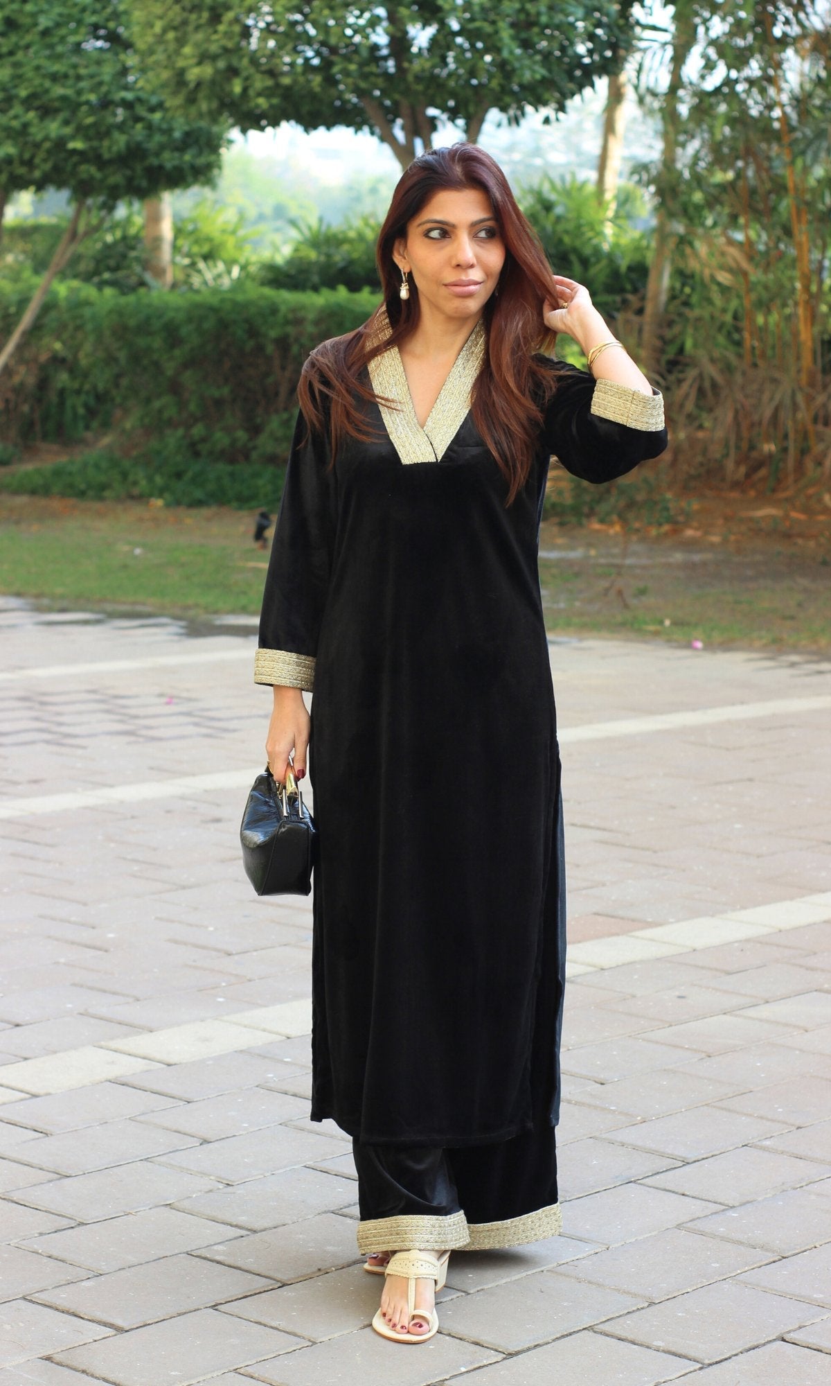 Black Velvet Laced Kurta & Pant - Baareeki