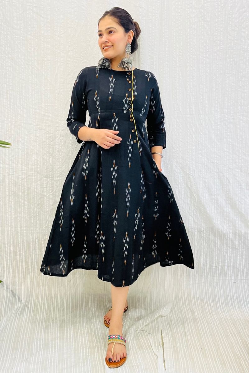 Black Ikat Angrakha Dress With Yellow Detail