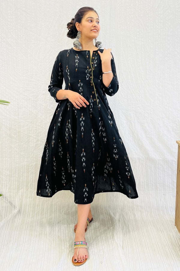 Black Ikat Angrakha Dress With Yellow Detail