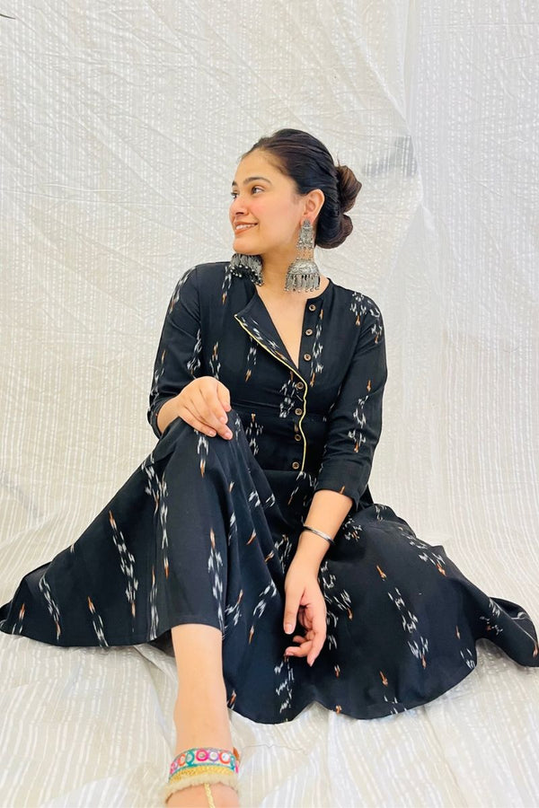 Black Ikat Angrakha Dress With Yellow Detail