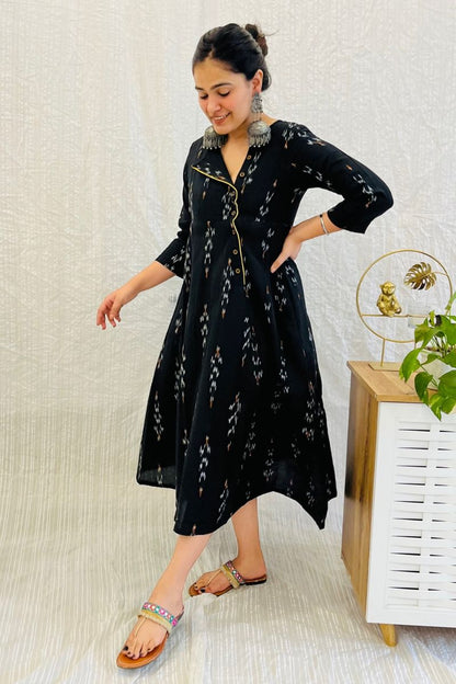 Black Ikat Angrakha Dress With Yellow Detail