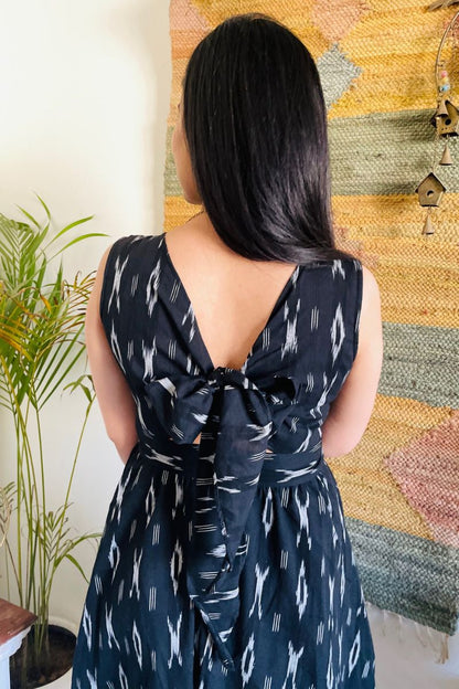 Black Ikat Bow Back Flared Dress