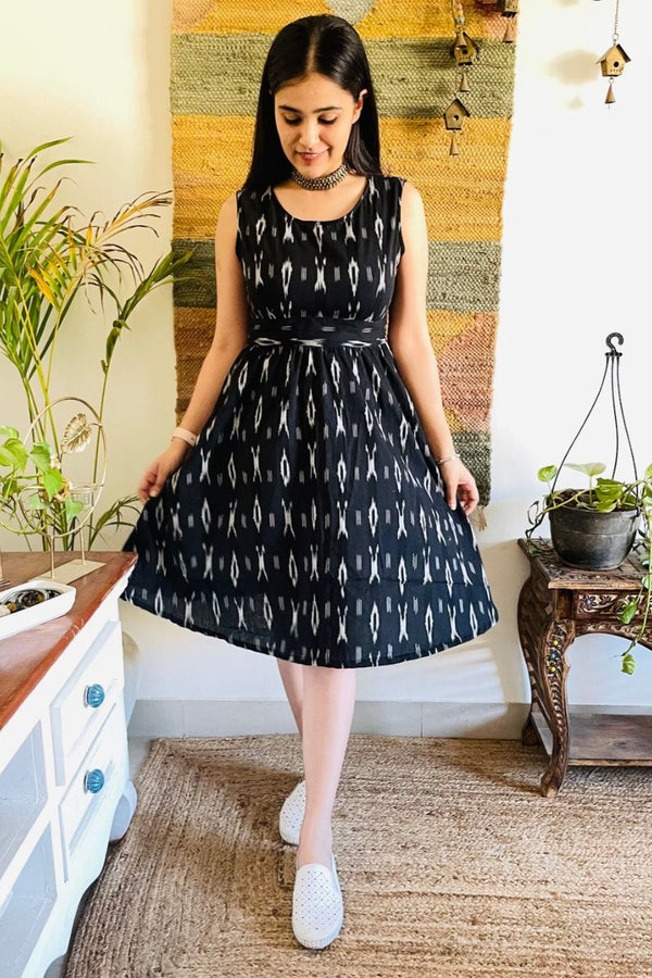 Black Ikat Bow Back Flared Dress