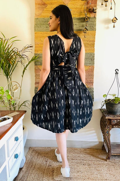 Black Ikat Bow Back Flared Dress