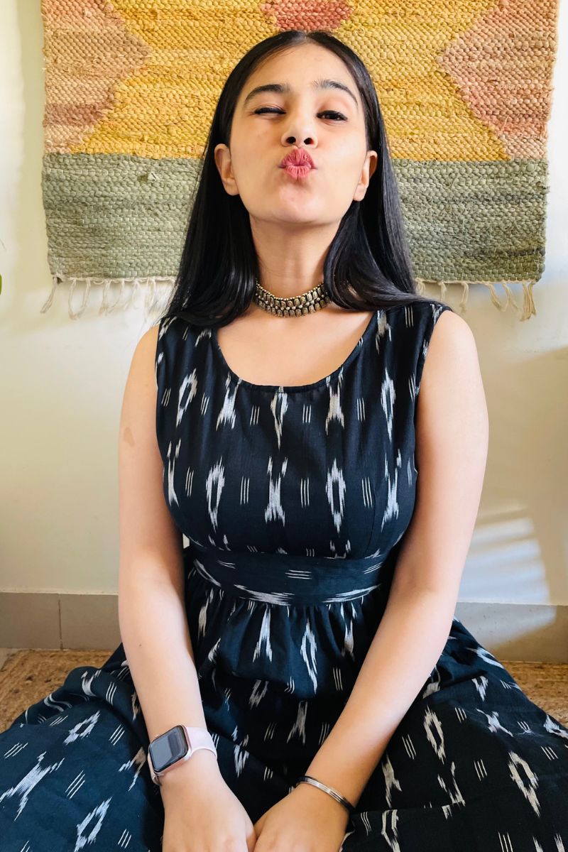 Black Ikat Bow Back Flared Dress