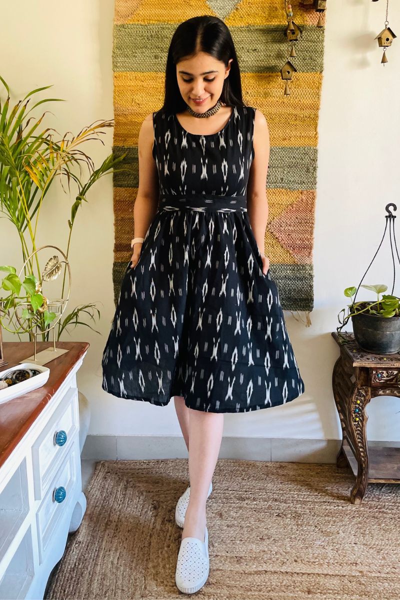 Black Ikat Bow Back Flared Dress