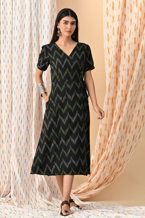 Black Ikat Wrap Dress