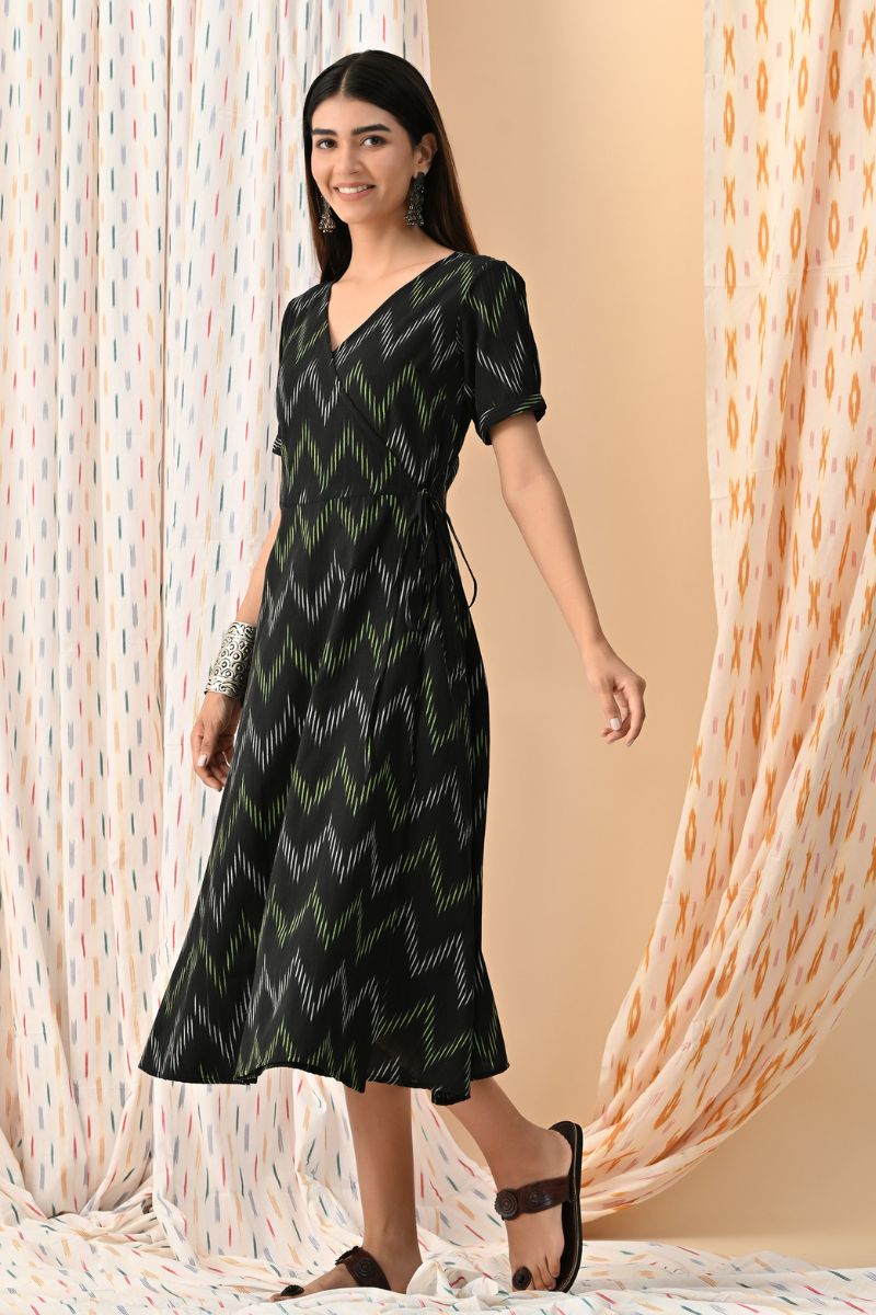 Black Ikat Wrap Dress