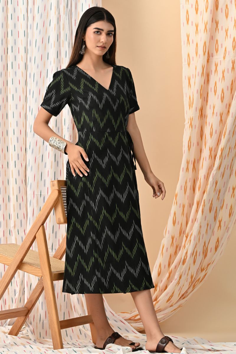 Black Ikat Wrap Dress