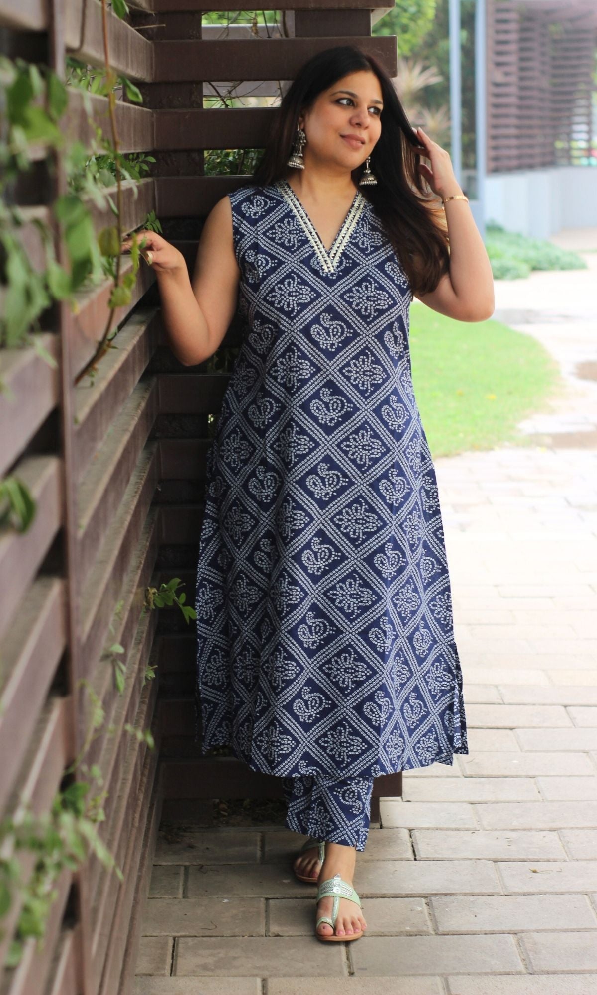 Blue Bandhani A line Sleeveless Kurta with Lace Detailing & Pants - Baareeki