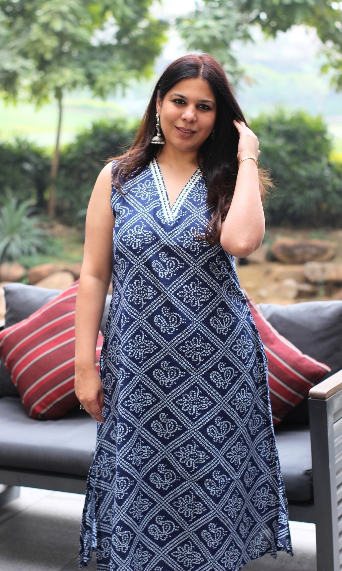 Blue Bandhani A line Sleeveless Kurta with Lace Detailing & Pants - Baareeki