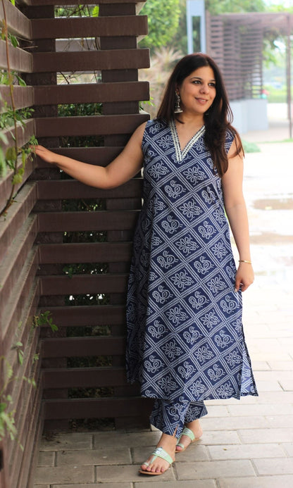 Blue Bandhani A line Sleeveless Kurta with Lace Detailing & Pants - Baareeki