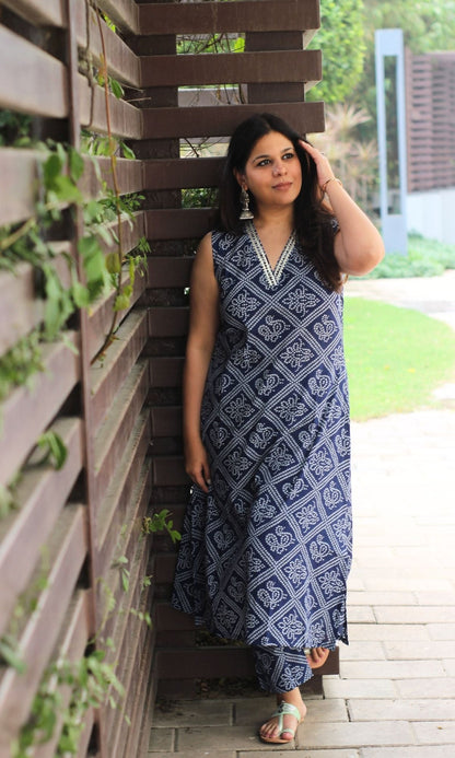 Blue Bandhani A line Sleeveless Kurta with Lace Detailing & Pants - Baareeki