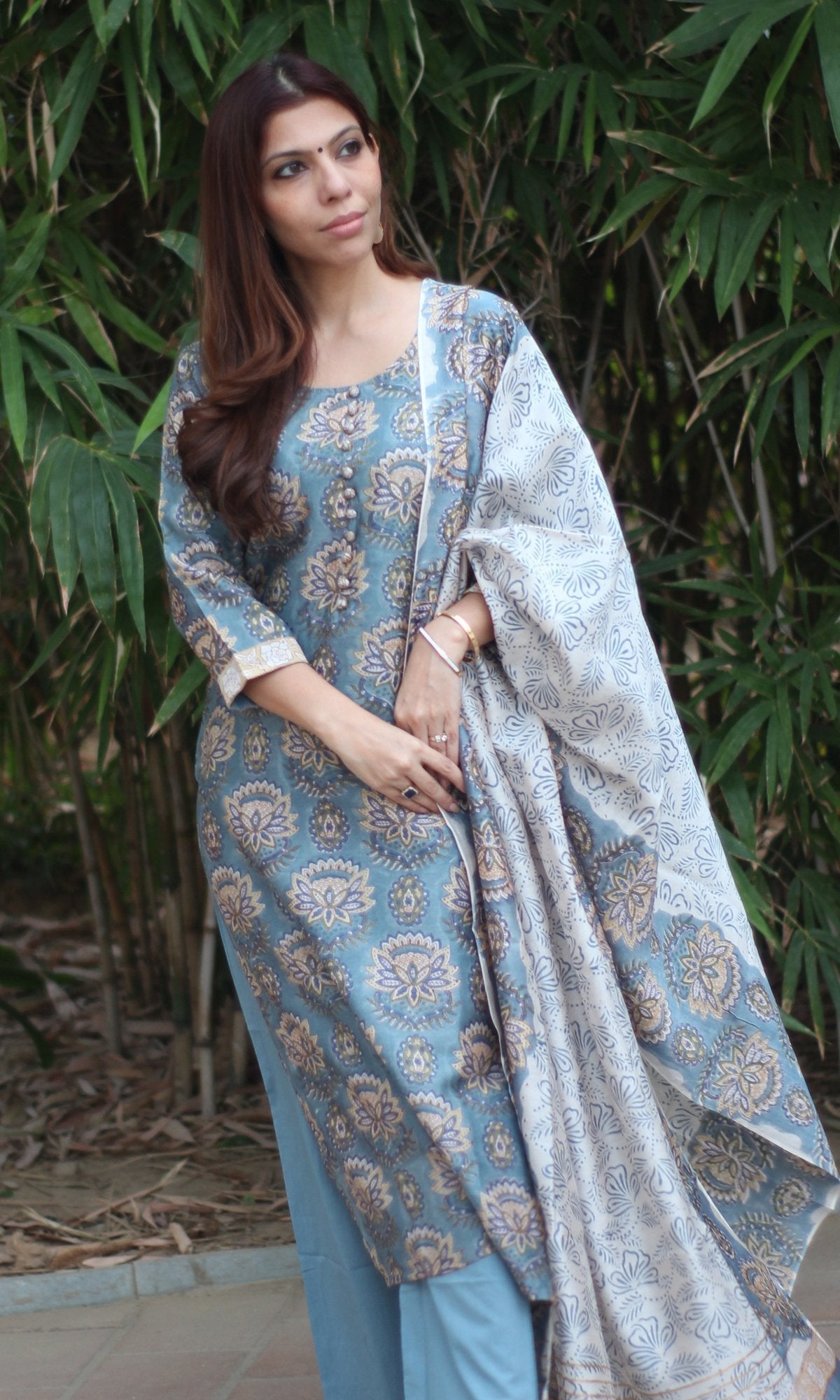 Chanderi Silk Handblock Blue Kurta and Dupatta with Cotton Pants - Baareeki
