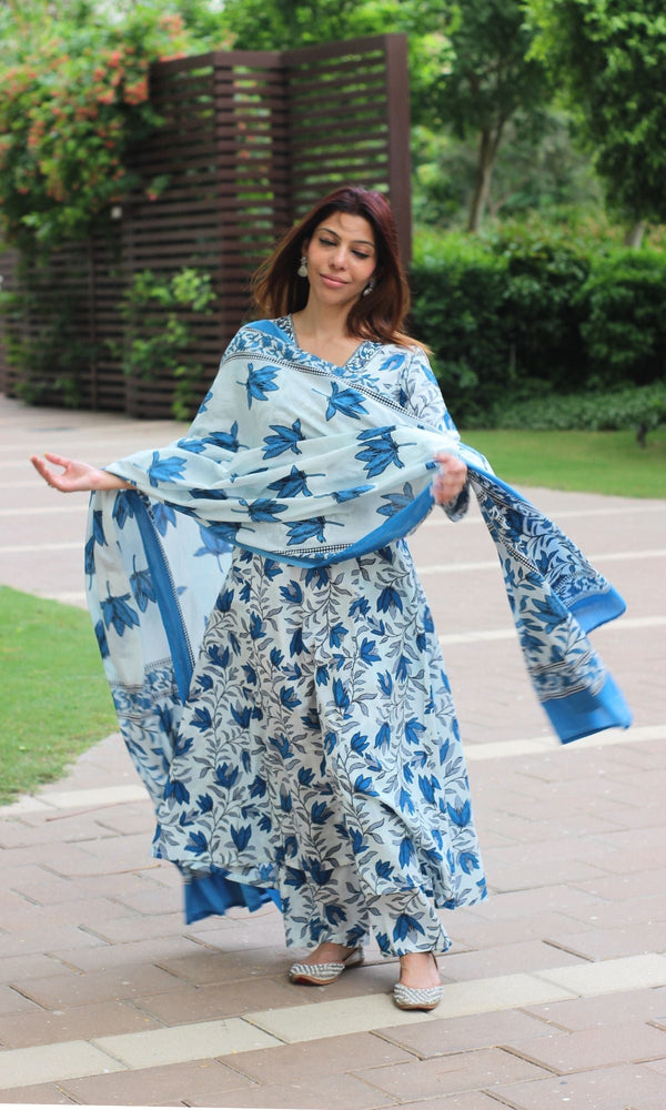 Cotton A - line White & Blue Leafy Suit Set with Cotton Printed Dupatta - Baareeki