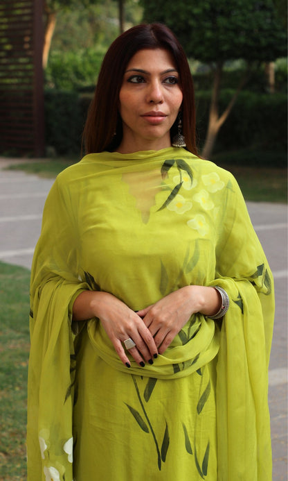 Cotton Alge Green Handbrush Painted Suit with Chiffon Handpainted Dupatta - Baareeki