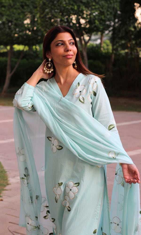 Cotton Aqua Handbrush Suit Set with Chiffon Handpainted Dupatta - Baareeki