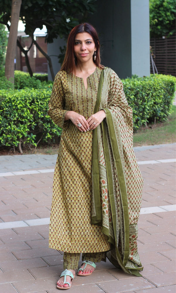 Cotton Asparagus Printed Suit Set with Cotton Printed Dupatta - Baareeki