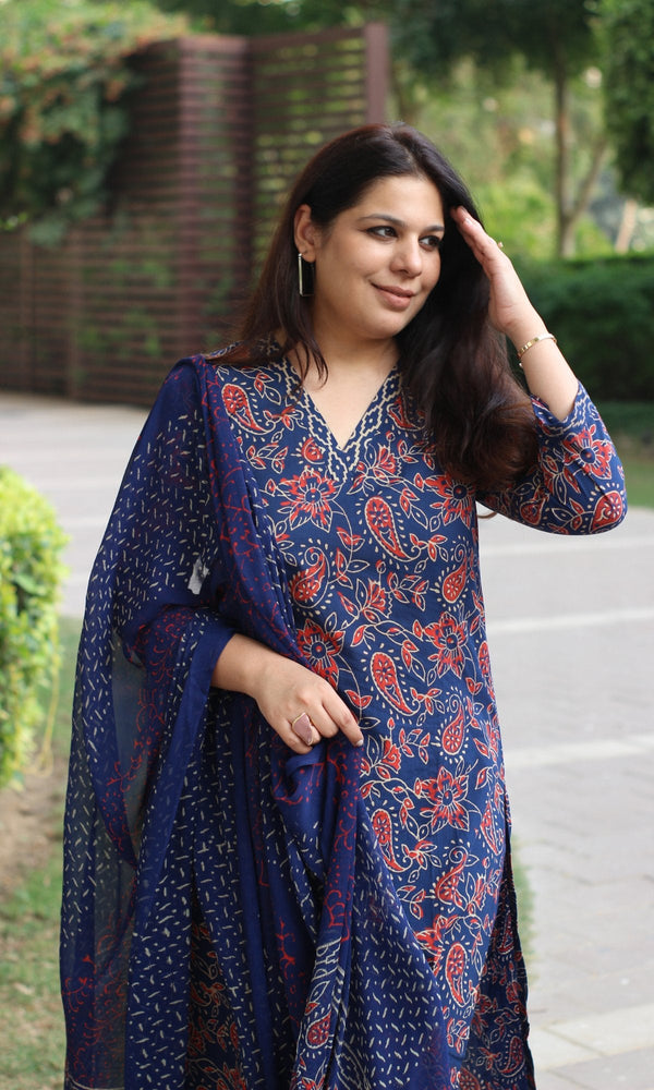 Cotton Badmeri Print Blue Suit with Chiffon Printed Dupatta - Baareeki