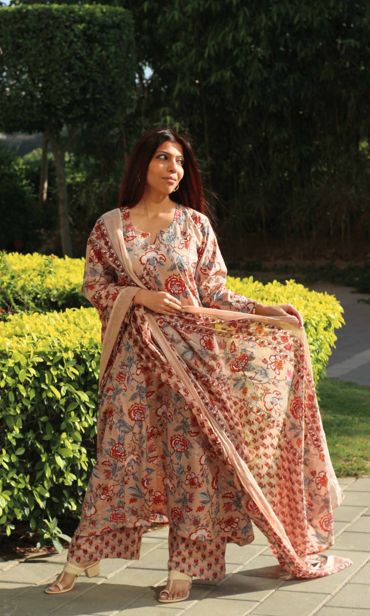 Cotton Beige Floral Kali Kurta with Pant & Printed Cotton Dupatta - Baareeki