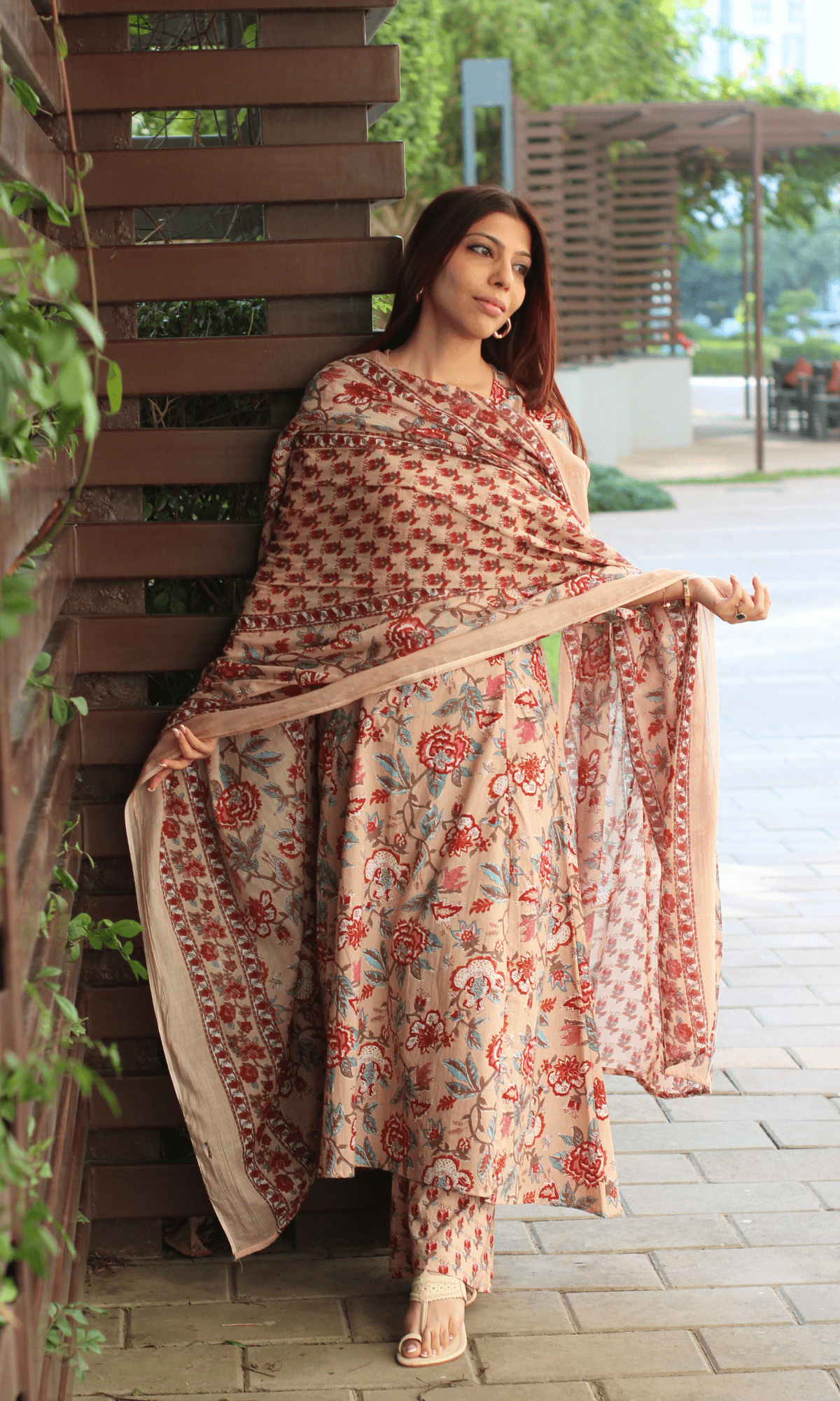 Cotton Beige Floral Kali Kurta with Pant & Printed Cotton Dupatta - Baareeki