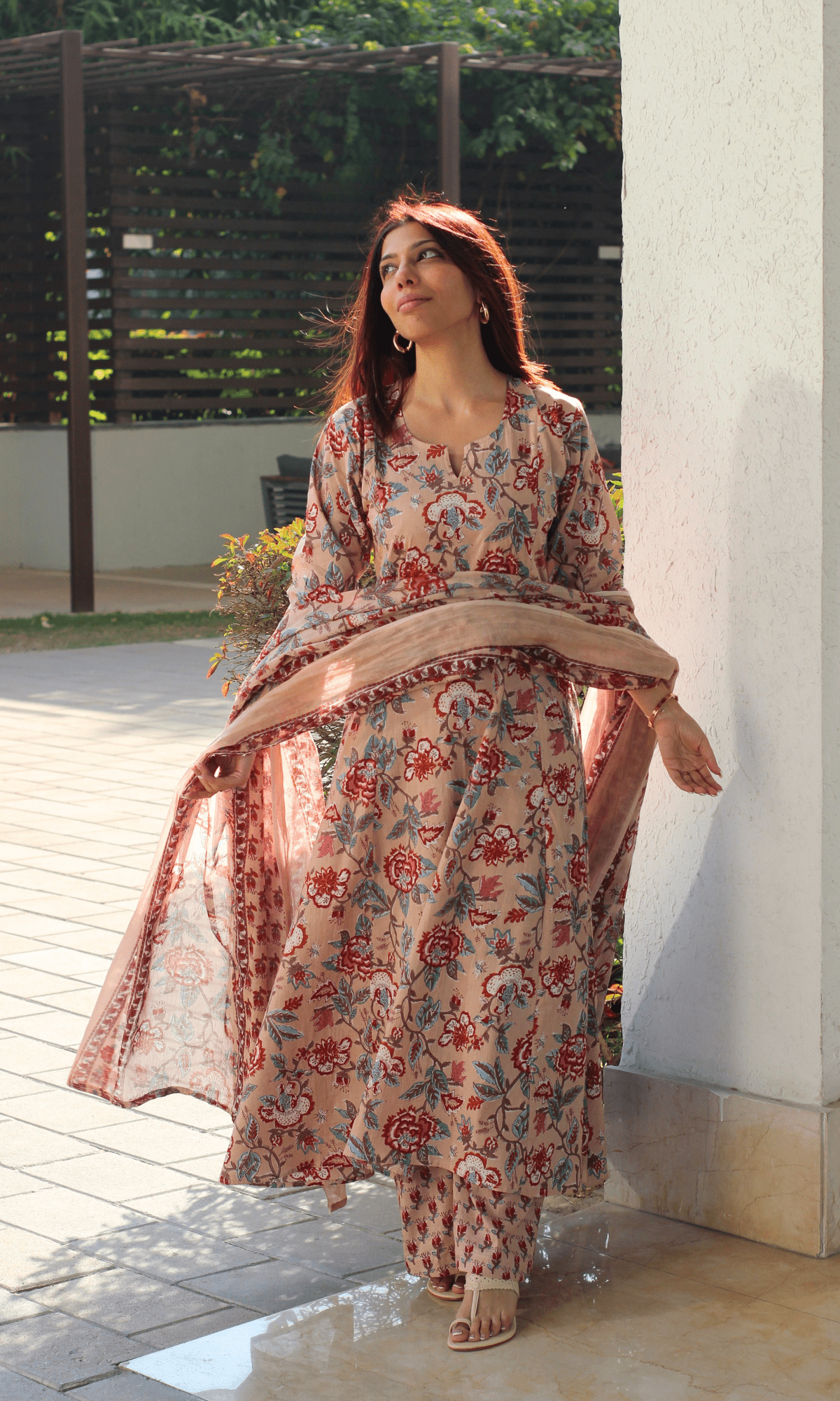 Cotton Beige Floral Kali Kurta with Pant & Printed Cotton Dupatta - Baareeki