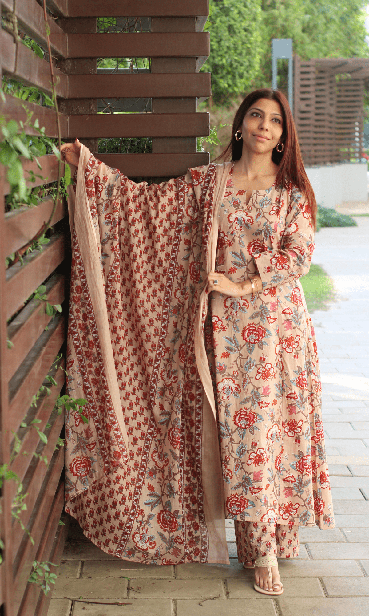 Cotton Beige Floral Kali Kurta with Pant & Printed Cotton Dupatta - Baareeki