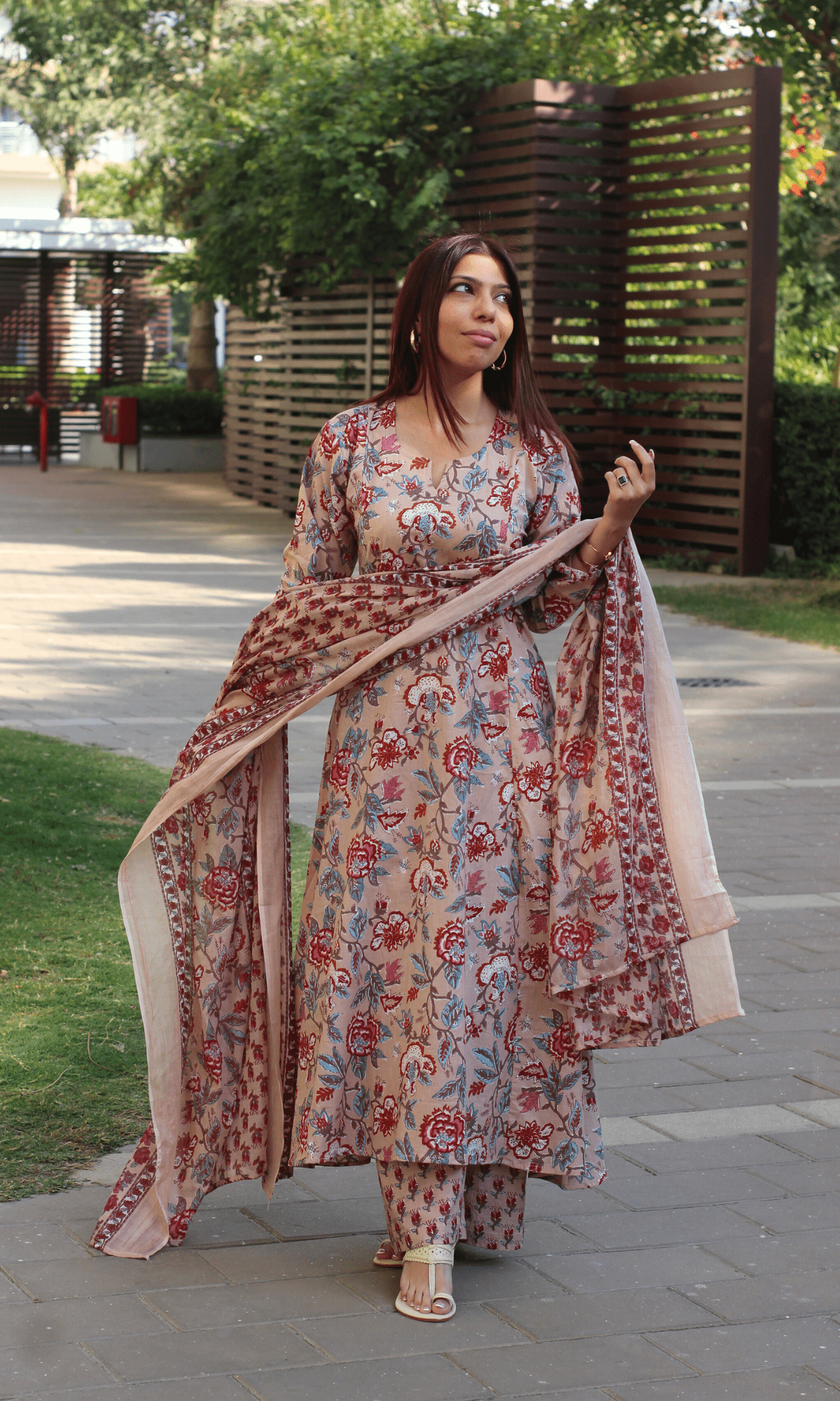 Cotton Beige Floral Kali Kurta with Pant & Printed Cotton Dupatta - Baareeki