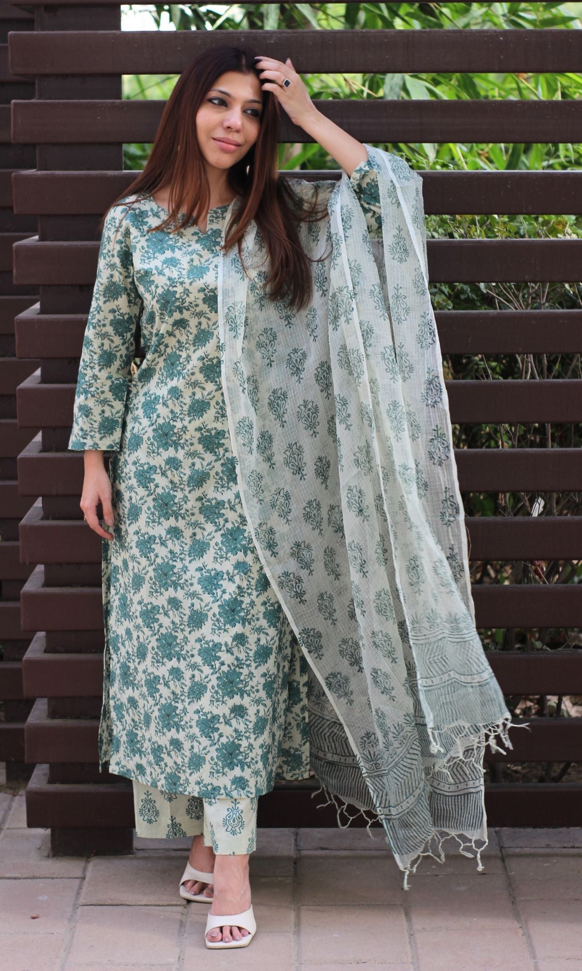 Cotton Beige & Green Block Print Suit Set with Kota Doria Dupatta - Baareeki