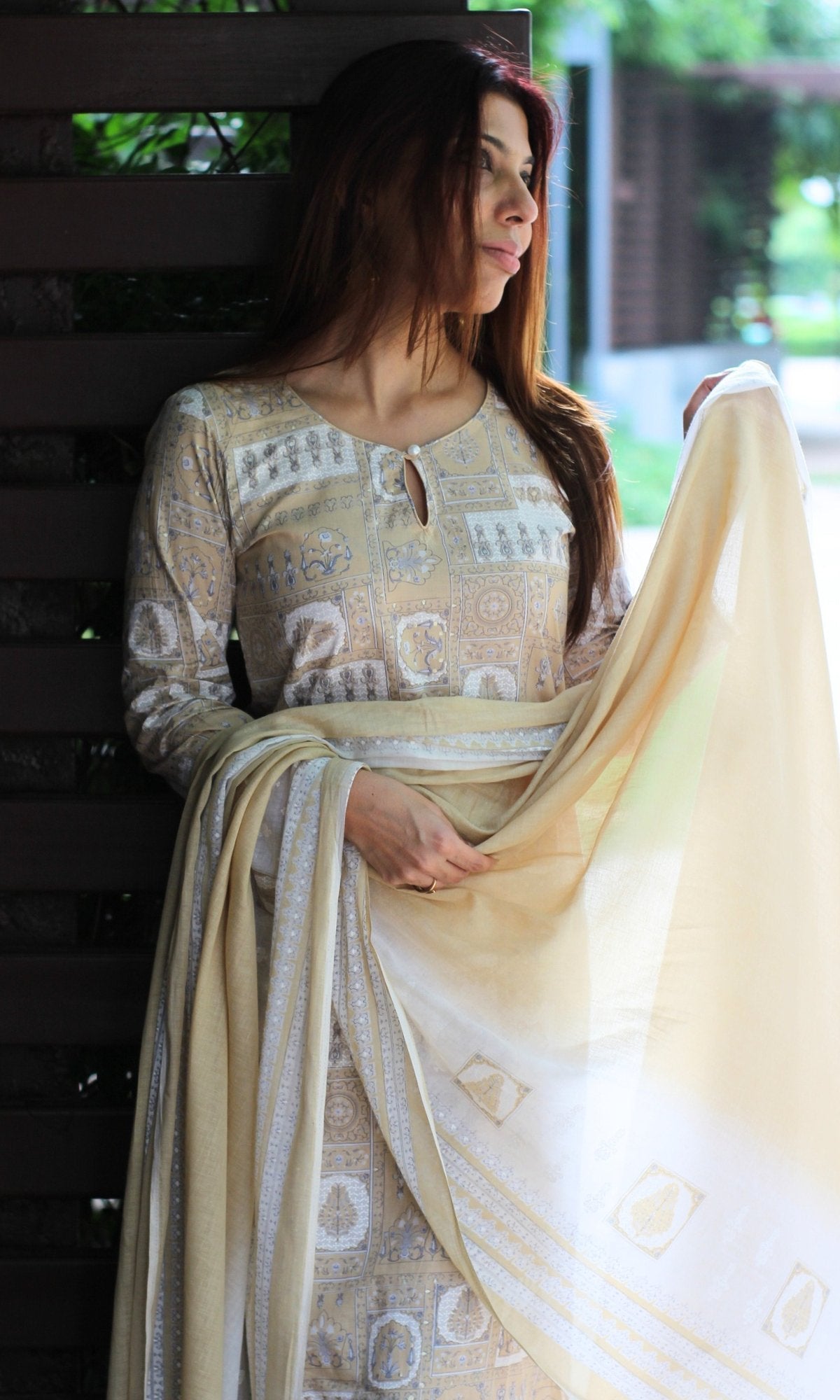 Cotton Beige Printed Pearl Button Suit Set with Cotton Dupatta - Baareeki