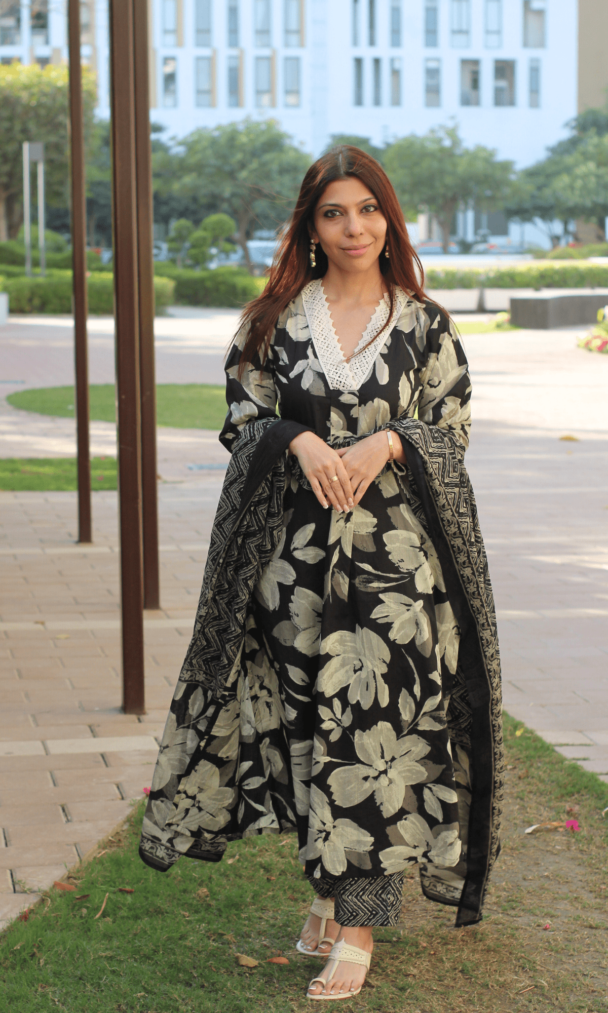 Cotton Black Floral A Line Lace kurta with Pants & Printed Dupatta - Baareeki