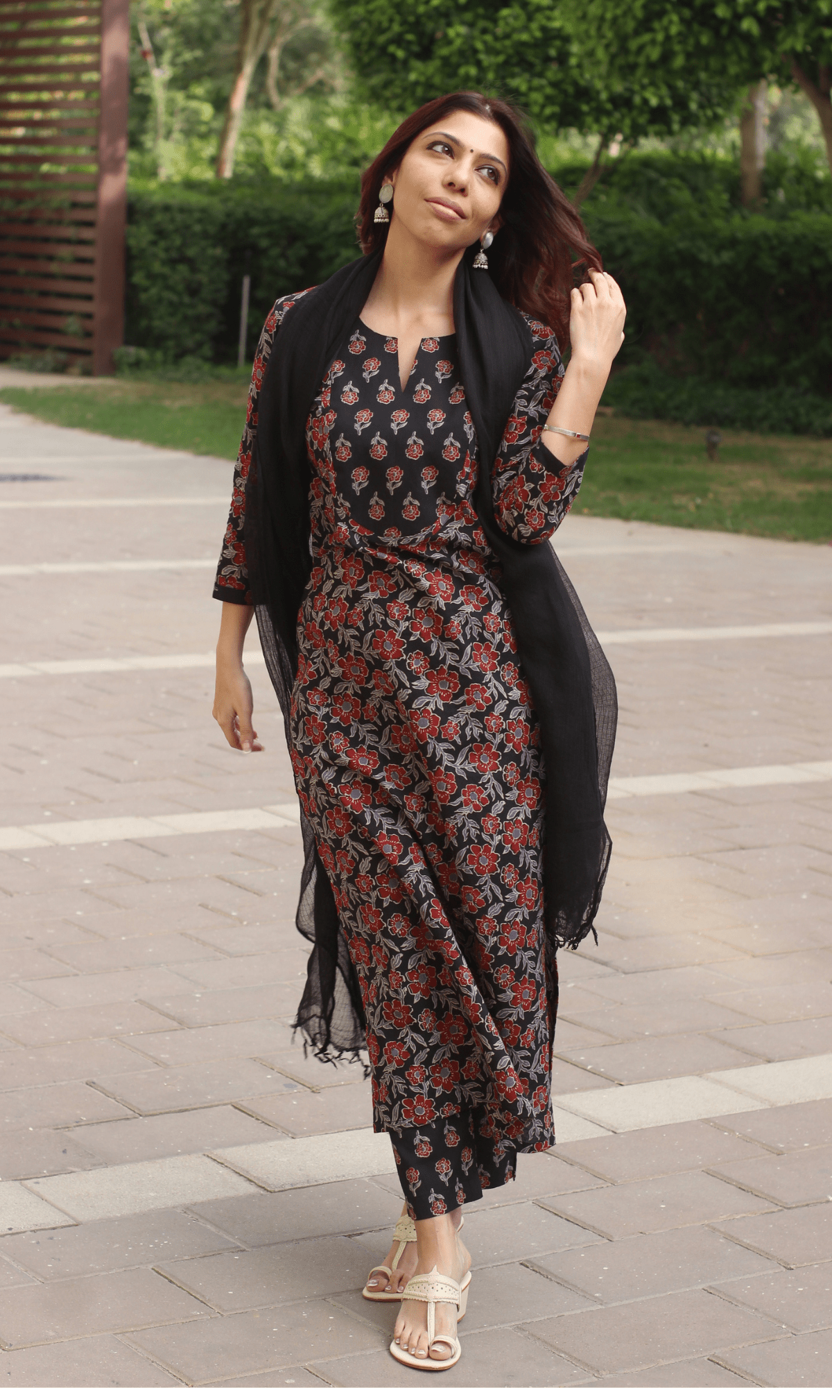 Cotton Black & Red Floral Print Suit with Kota Doria Dupatta - Baareeki