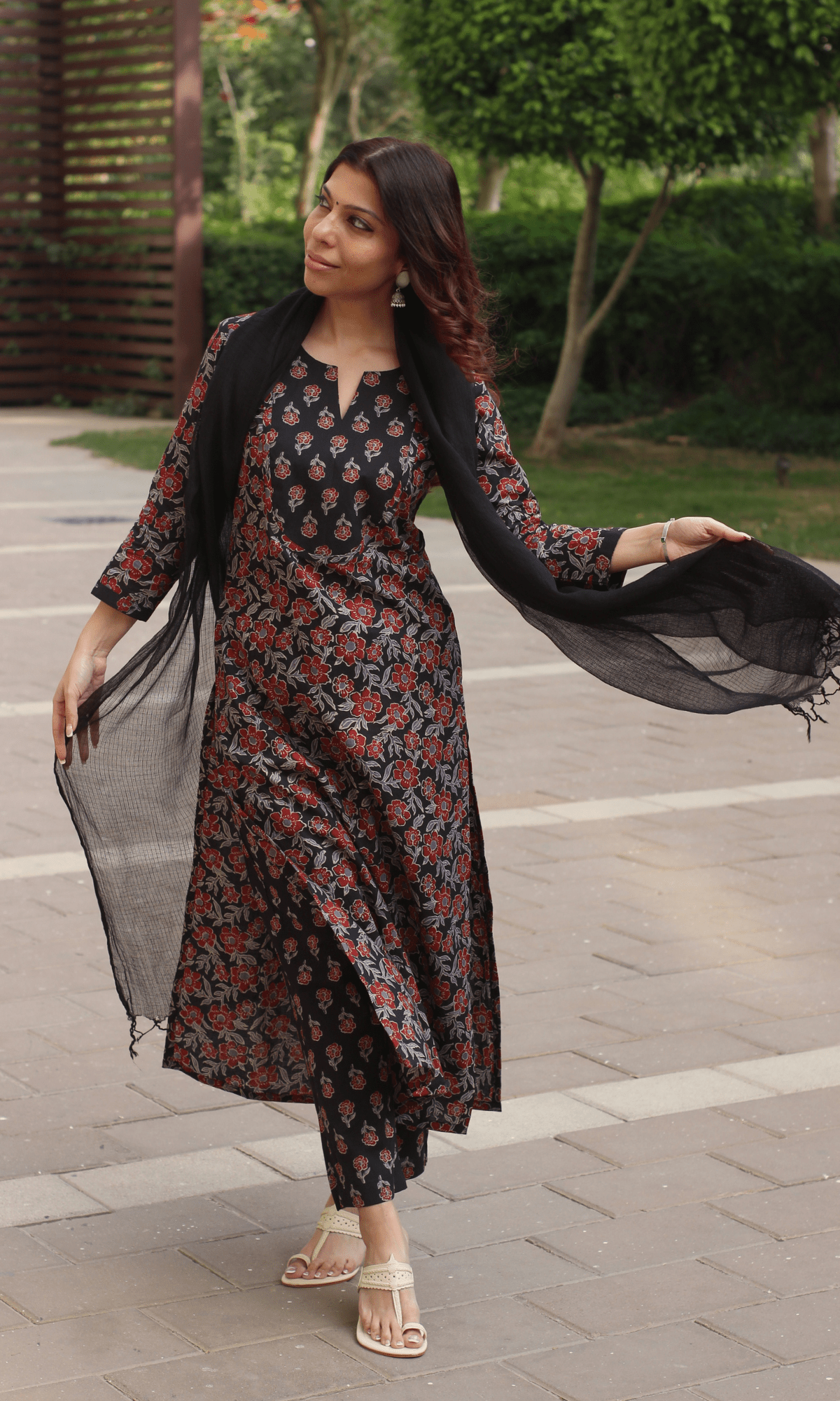 Cotton Black & Red Floral Print Suit with Kota Doria Dupatta - Baareeki