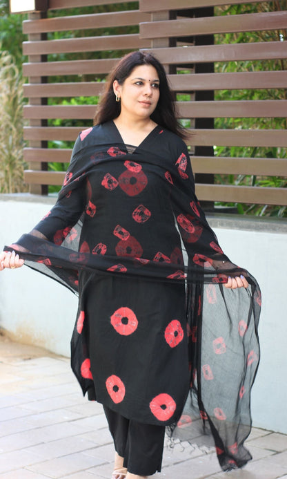 Cotton Black Shibori Suit Set with Kota Doria Dupatta - Baareeki