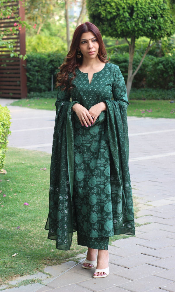 Cotton Block Print Bottle Green Suit Set with Printed Cotton Dupatta - Baareeki