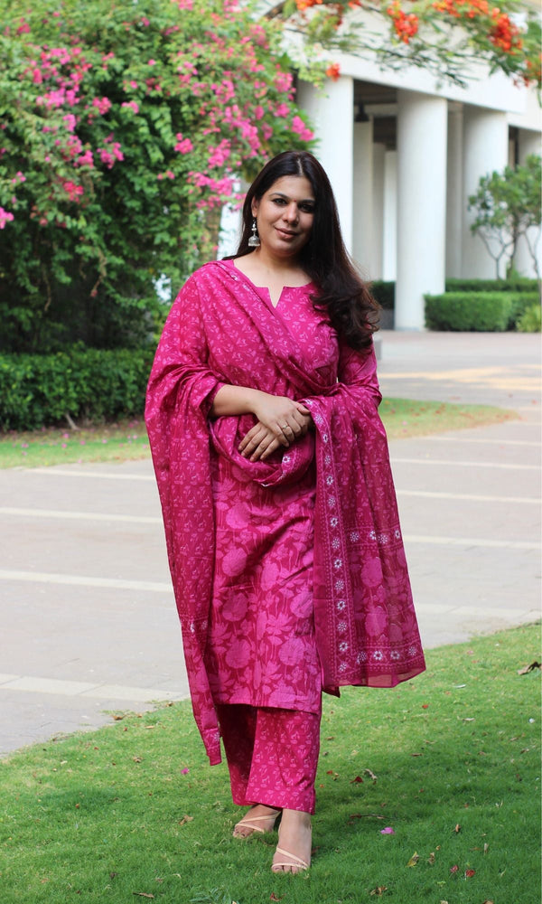 Cotton Block Print Bright Pink Suit Set with Printed Cotton Dupatta - Baareeki