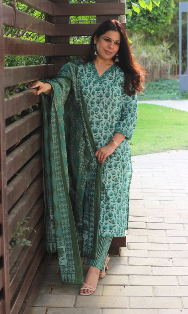 Cotton Block Print Earthy Green Suit Set with Printed Cotton Dupatta - Baareeki