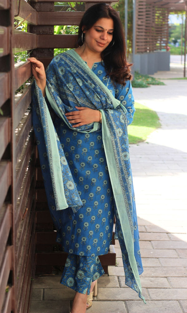 Cotton Block Print English Blue Suit Set with Printed Cotton Dupatta - Baareeki