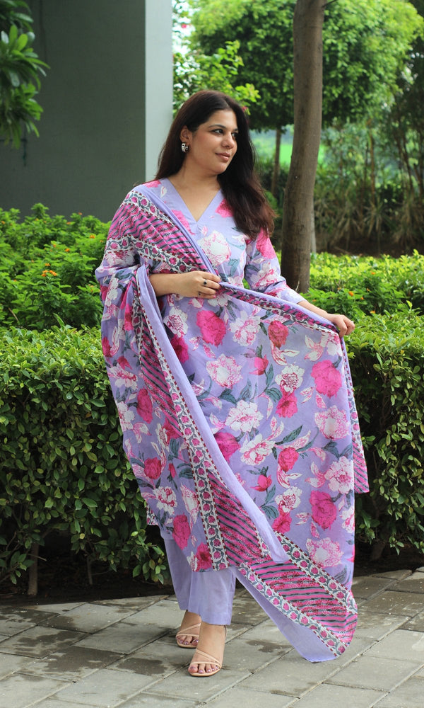 Cotton Block Print Lavender Floral Suit Set with Cotton Dupatta - Baareeki