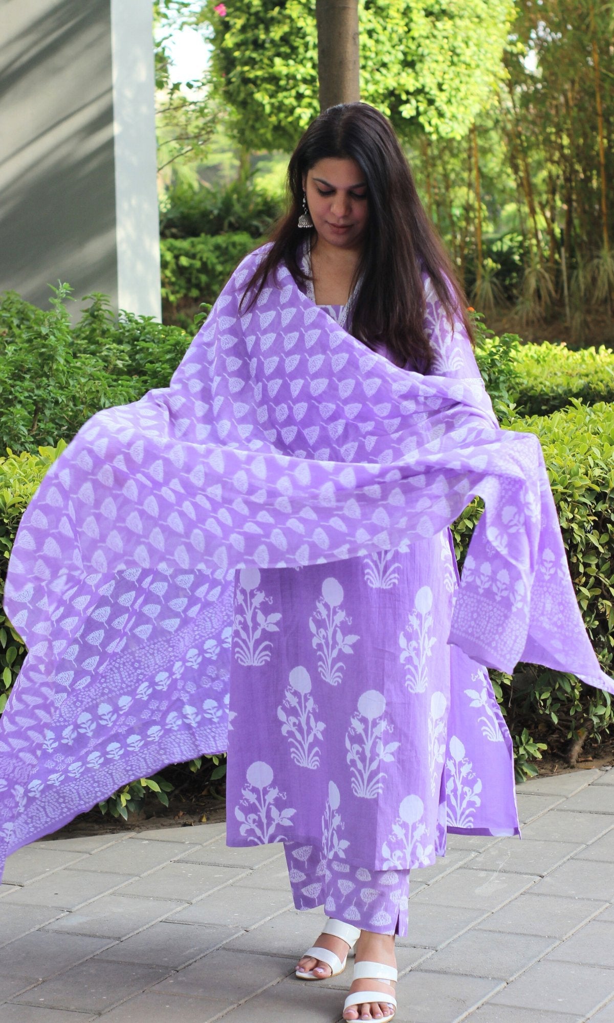 Cotton Block Print Lavender Suit Set with Lace Detailing and Cotton Dupatta - Baareeki