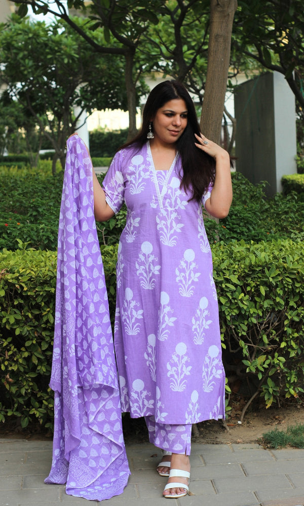 Cotton Block Print Lavender Suit Set with Lace Detailing and Cotton Dupatta - Baareeki