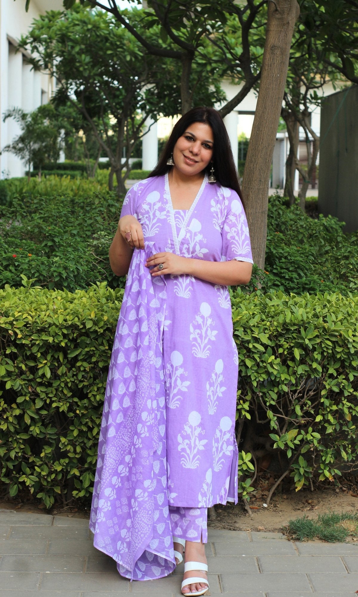 Cotton Block Print Lavender Suit Set with Lace Detailing and Cotton Dupatta - Baareeki