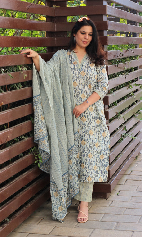 Cotton Block Print Light Blue Suit Set with Printed Cotton Dupatta - Baareeki