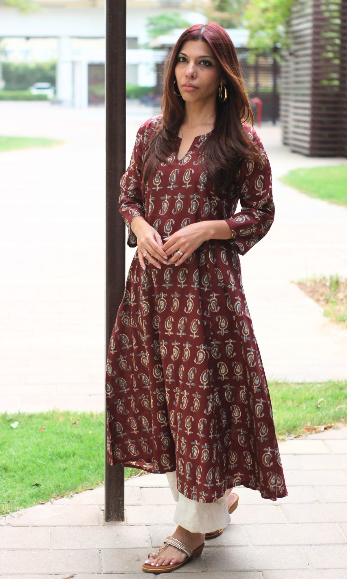 Cotton Block Print Maroon Kali Kurta - Baareeki