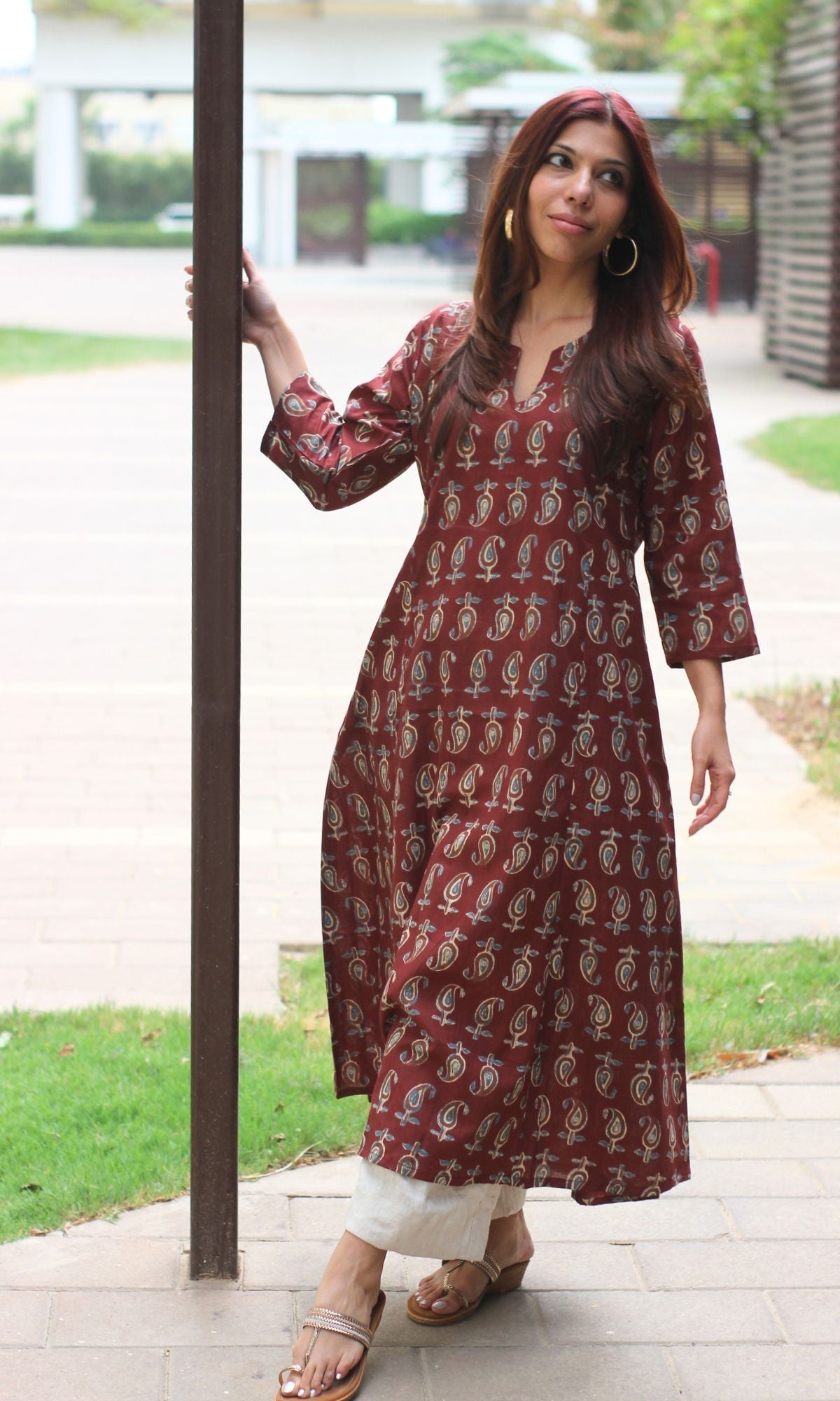 Cotton Block Print Maroon Kali Kurta - Baareeki